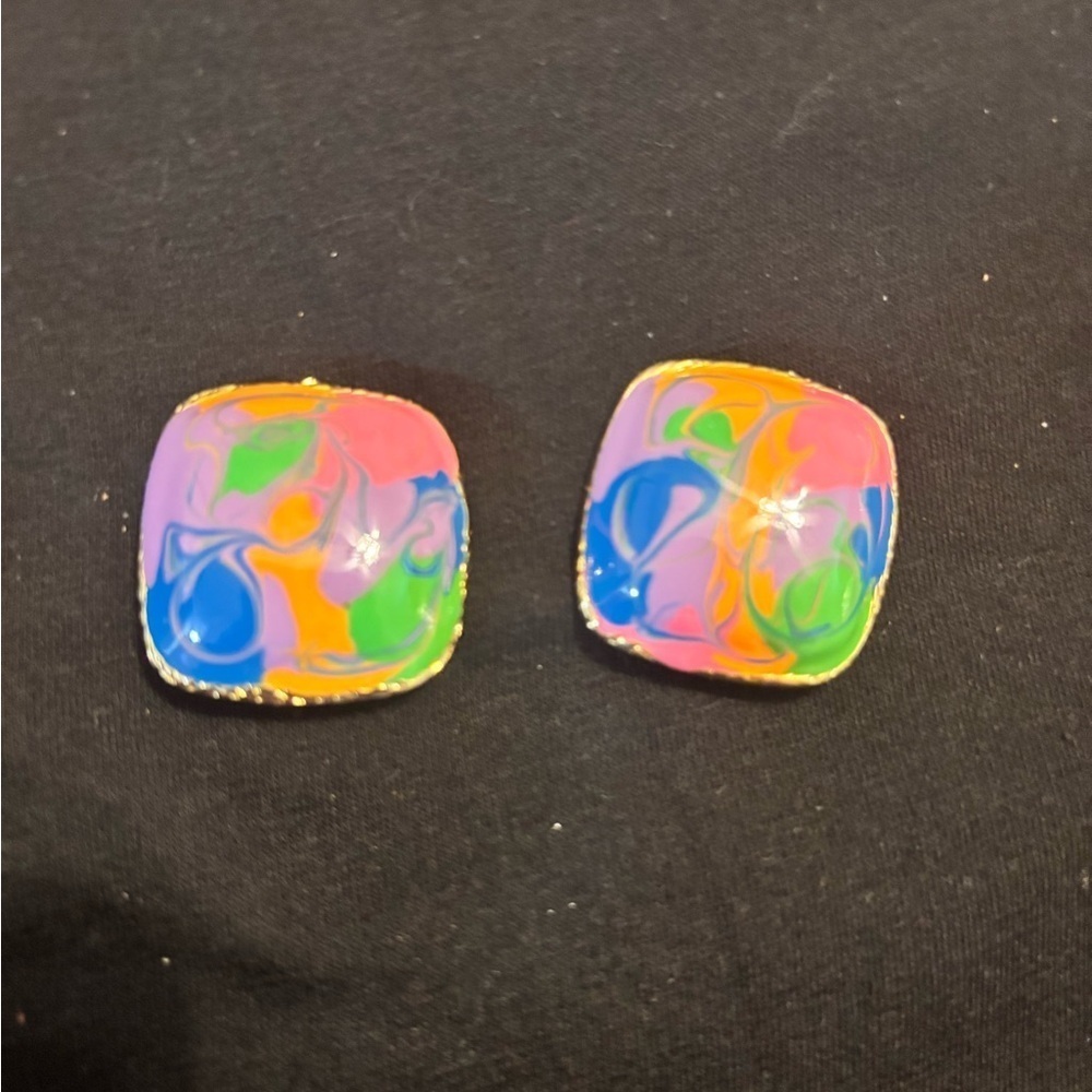 Vintage Art deco MCM Colorful Square Clip on
Enamel Geometric Swirl Earrings